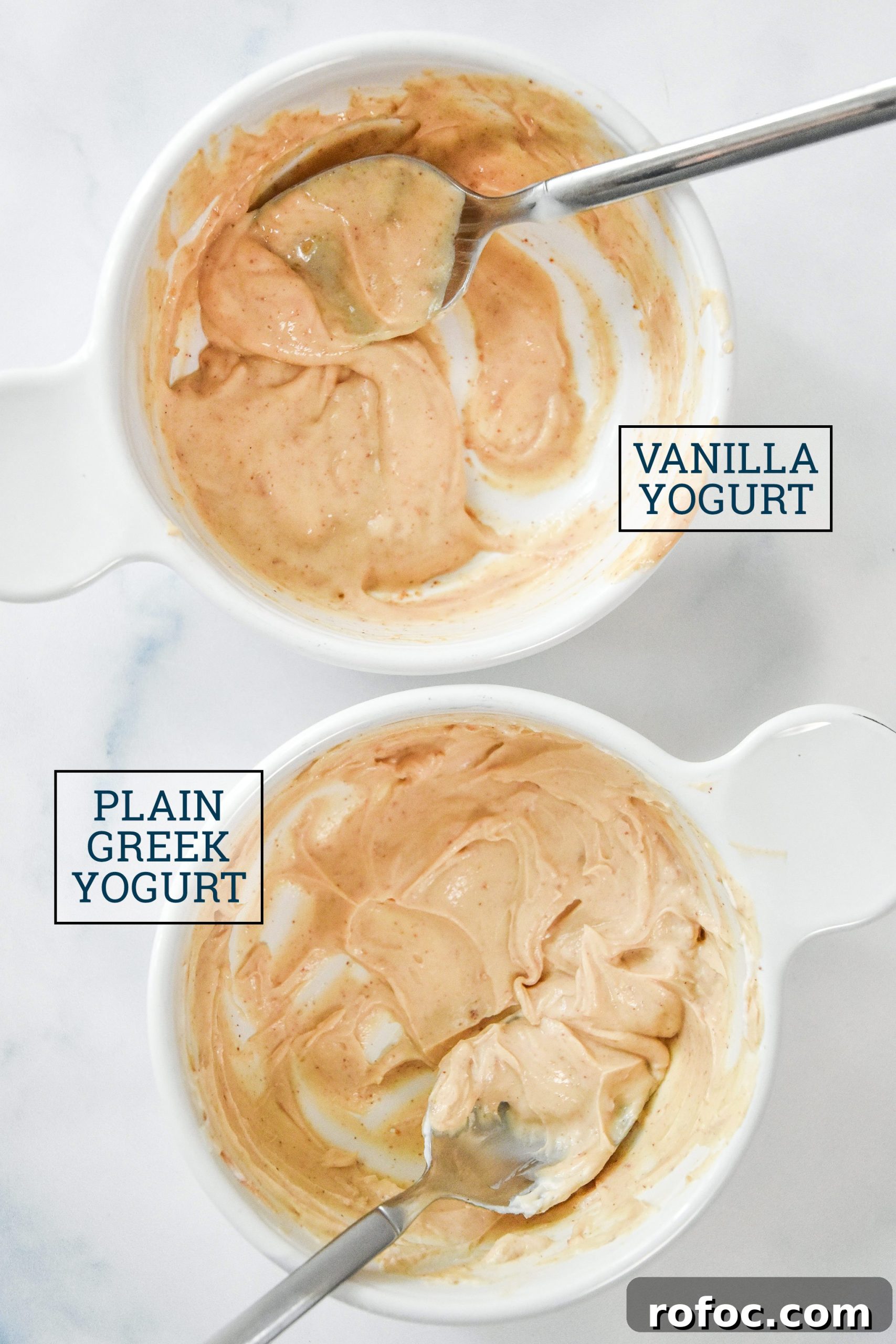 two tests of the peanut butter yogurt dip with greek yogurt and vanilla yogurt.