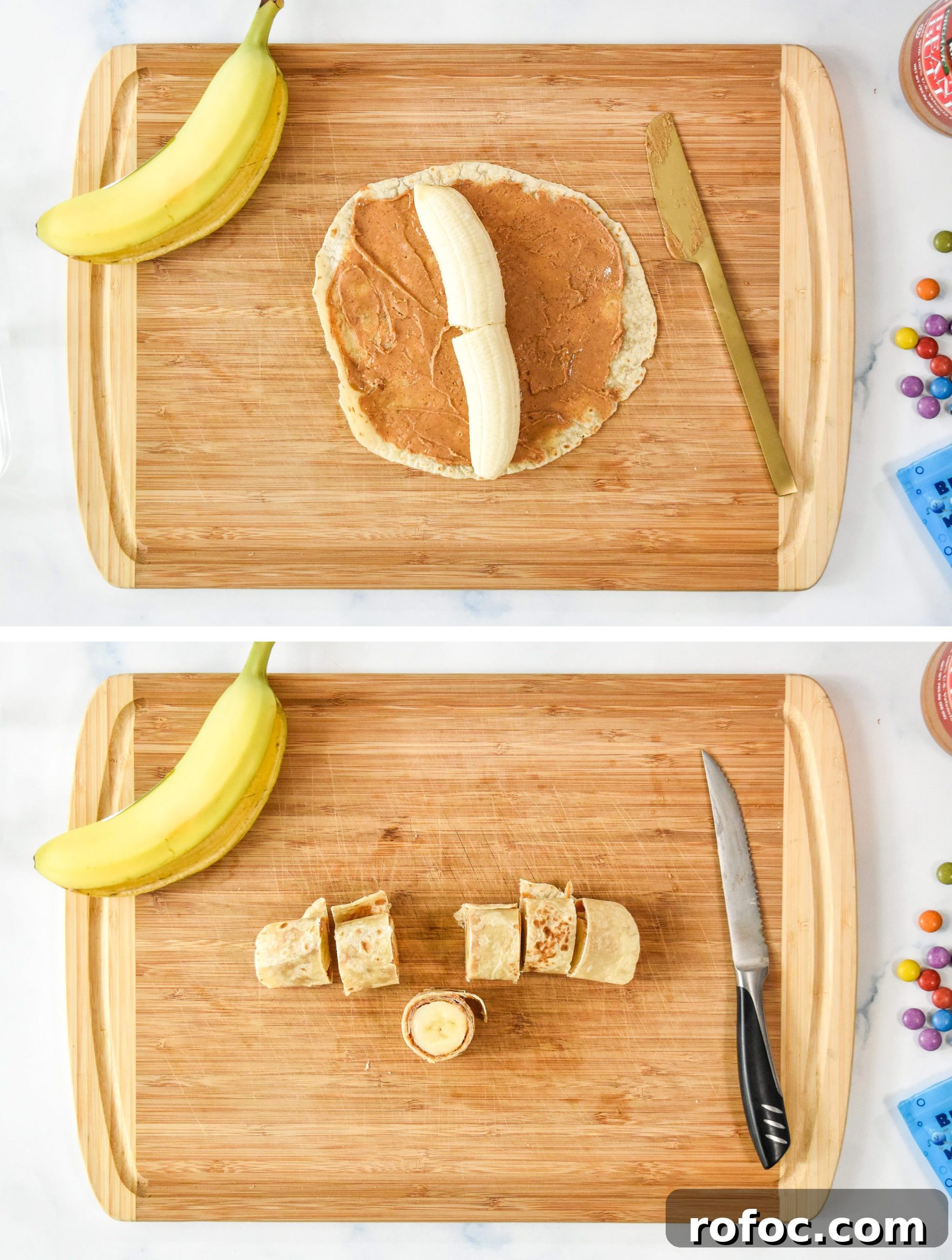 before and after rolling up a banana in a tortilla covered with peanut butter.