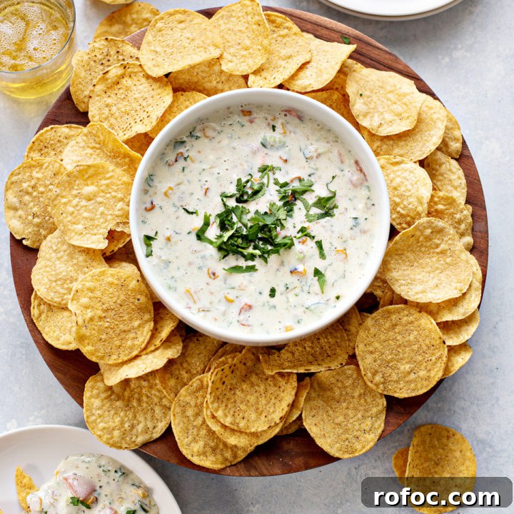 overhead photo of a bowl of queso blanco surrounded by chips on a table
