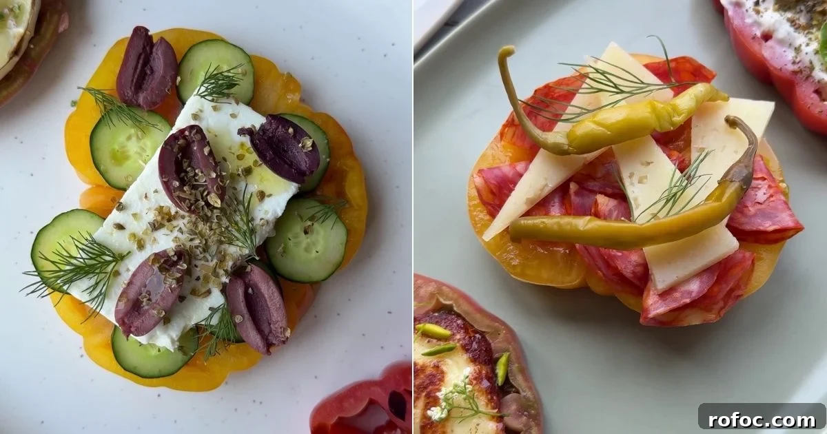Slice of heirloom tomato with cheese, salami and peppers on top as part of a tomato flight on a platter.