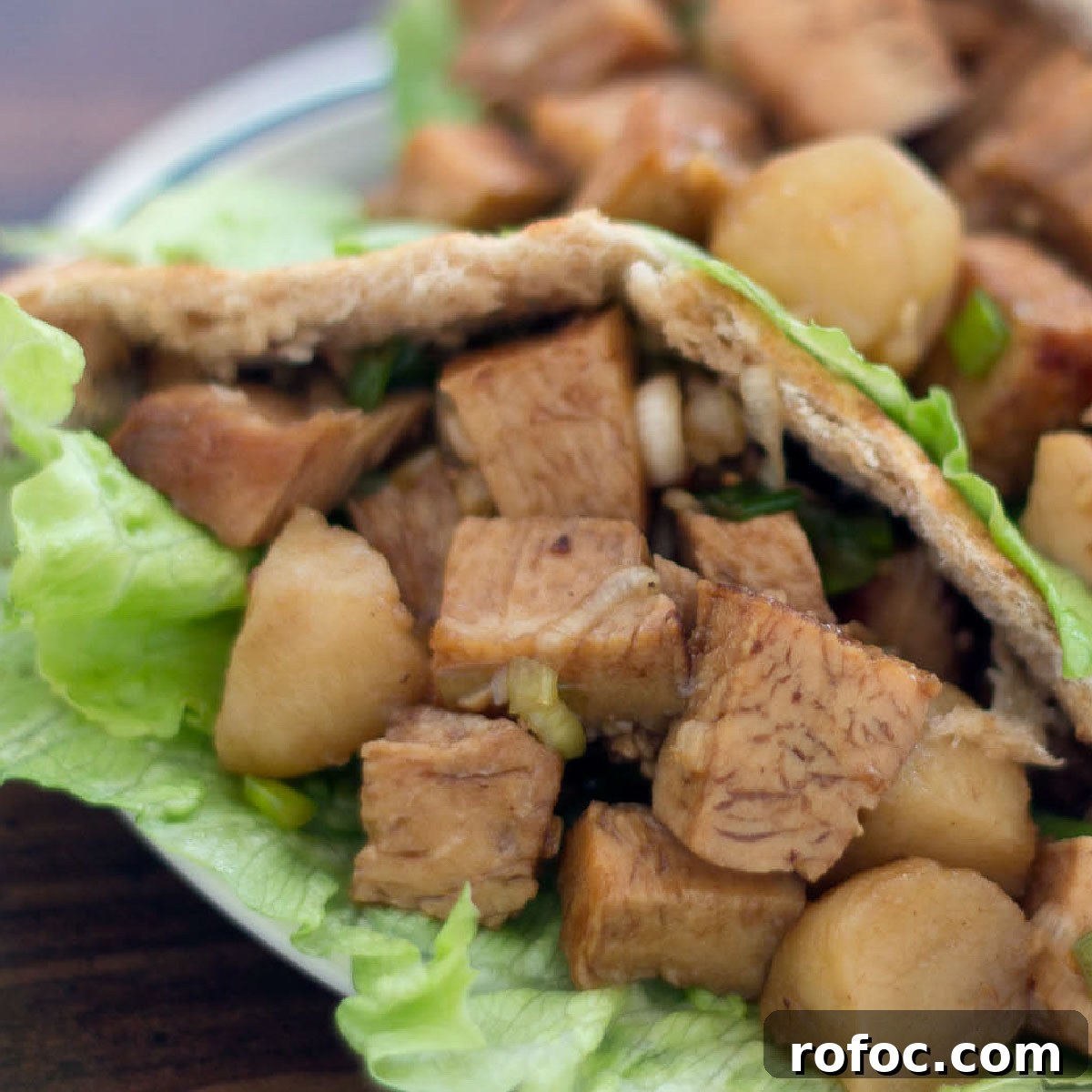 Asian Chicken Pita Pockets with Tangy Sesame-Ginger Sauce 2 Diced chicken in a lettuce-lined pita on a white plate