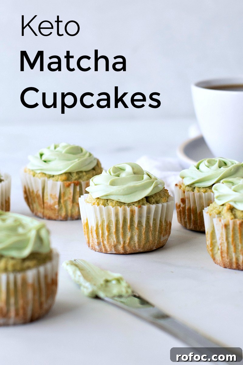 Keto Matcha Cupcakes: Low-Carb Green Tea Cupcake Recipe 7 pin cupcakes with green frosting on knife