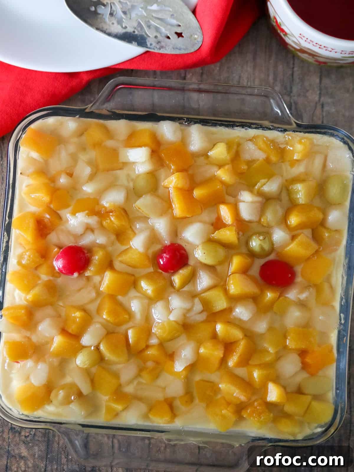 Creamy Fruit Custard Dessert Recipe 2 Crema de Fruta in a glass baking dish