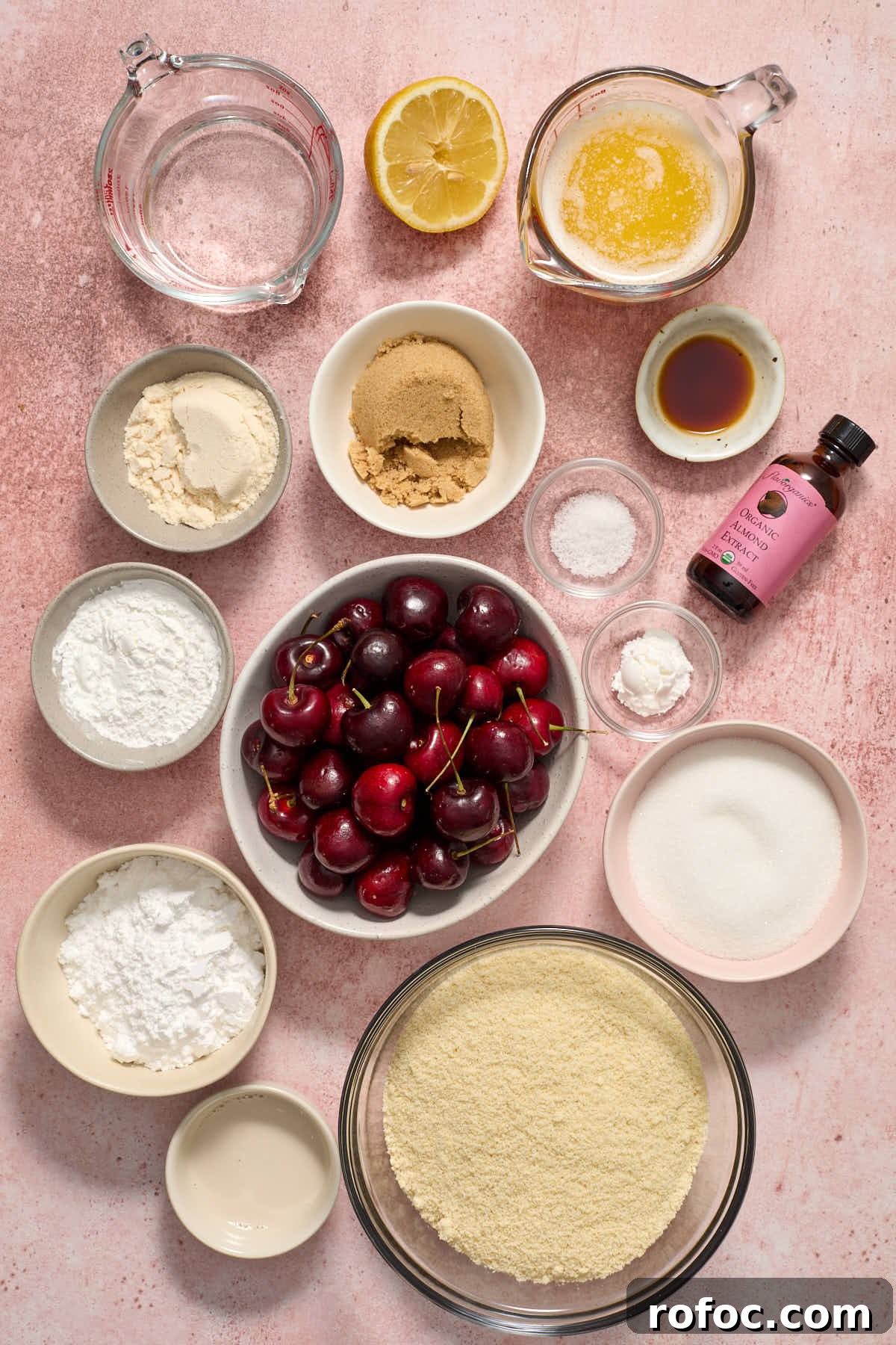 Almond Flour Cherry Pie Bars Recipe — Tender Cherry Dessert Bars 3 Ingredients to make cherry pie bars arranged in individual bowls.