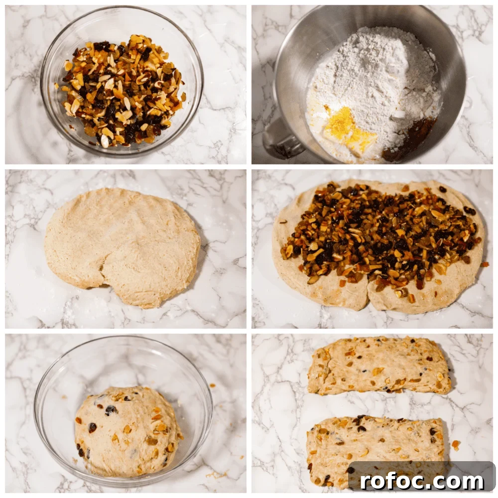 Dough preparation steps for stollen. 6-photo collage of dough being prepared.
