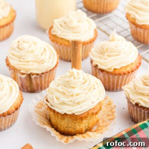 Eggnog cupcakes topped with eggnog butter buttercream.