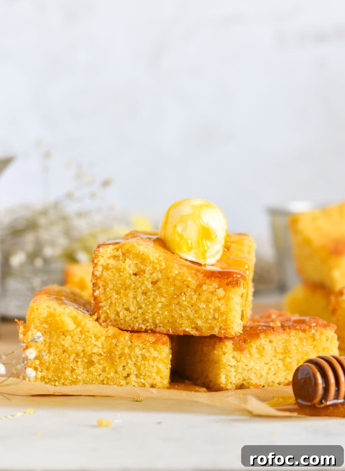 Sourdough Discard Cornbread Recipe: Tangy, Tender & Crispy 2 Squares of cornbread stacked on top of each other with butter and honey.