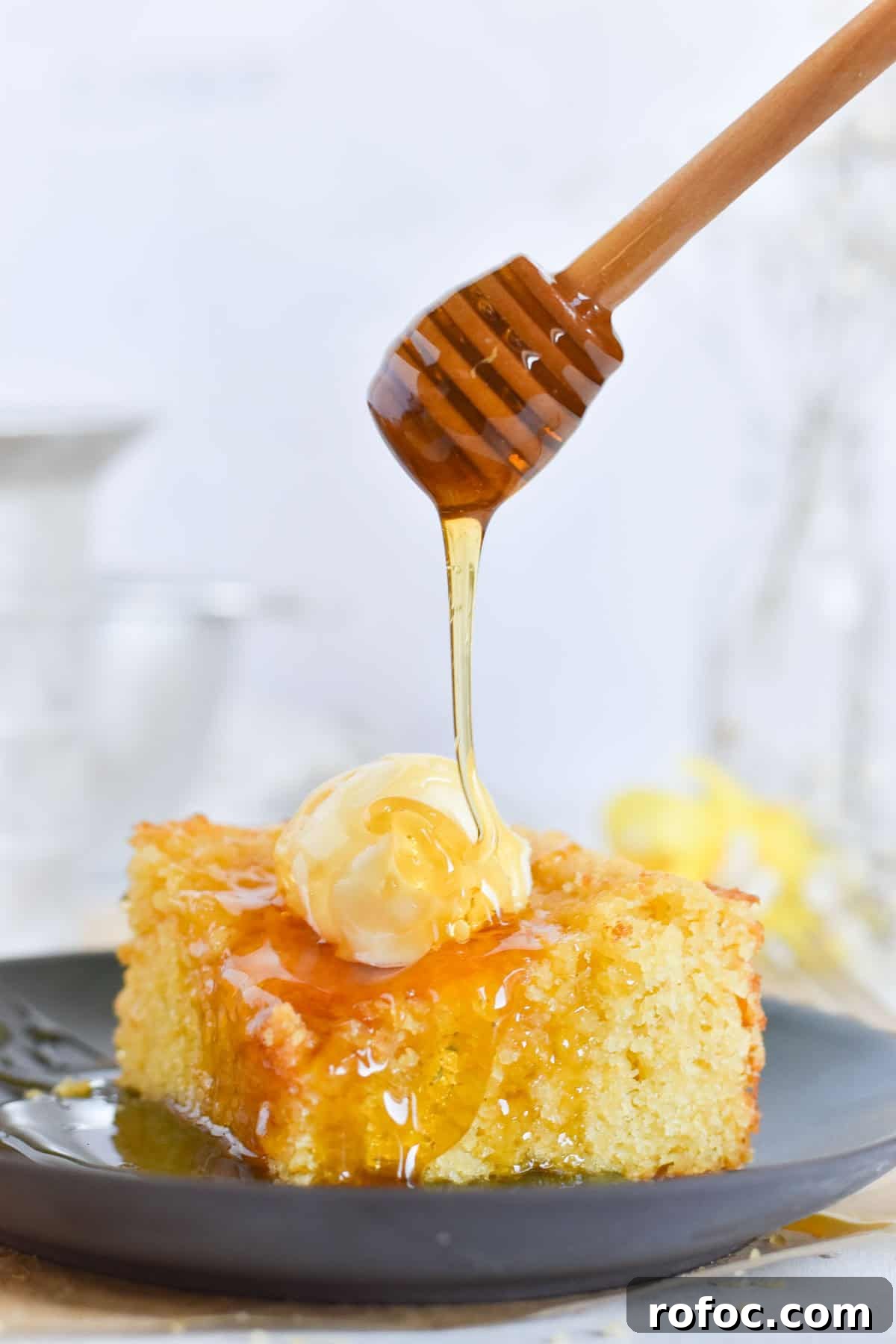 Sourdough Discard Cornbread Recipe: Tangy, Tender & Crispy 8 honey being drizzled over a large square of cornbread.