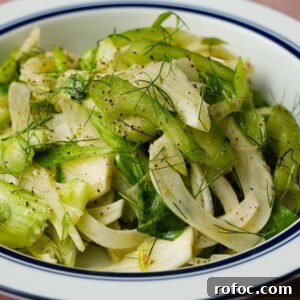 Crisp Shaved Celery & Fennel Salad with Lemon Vinaigrette 4 A fresh fennel salad with shaved celery, garnished with dill and black pepper.