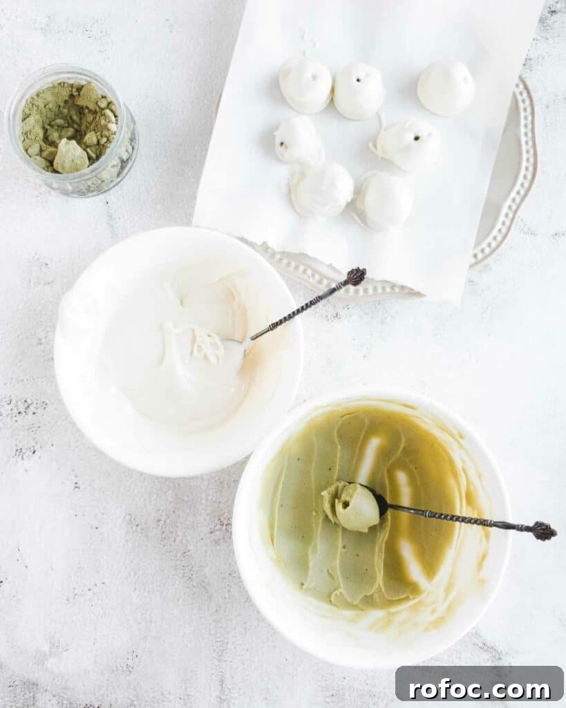 Matcha White Chocolate Ganache Truffles Recipe for Homemade Treats 4 scooping and dipping the matcha truffles in white chocolate
