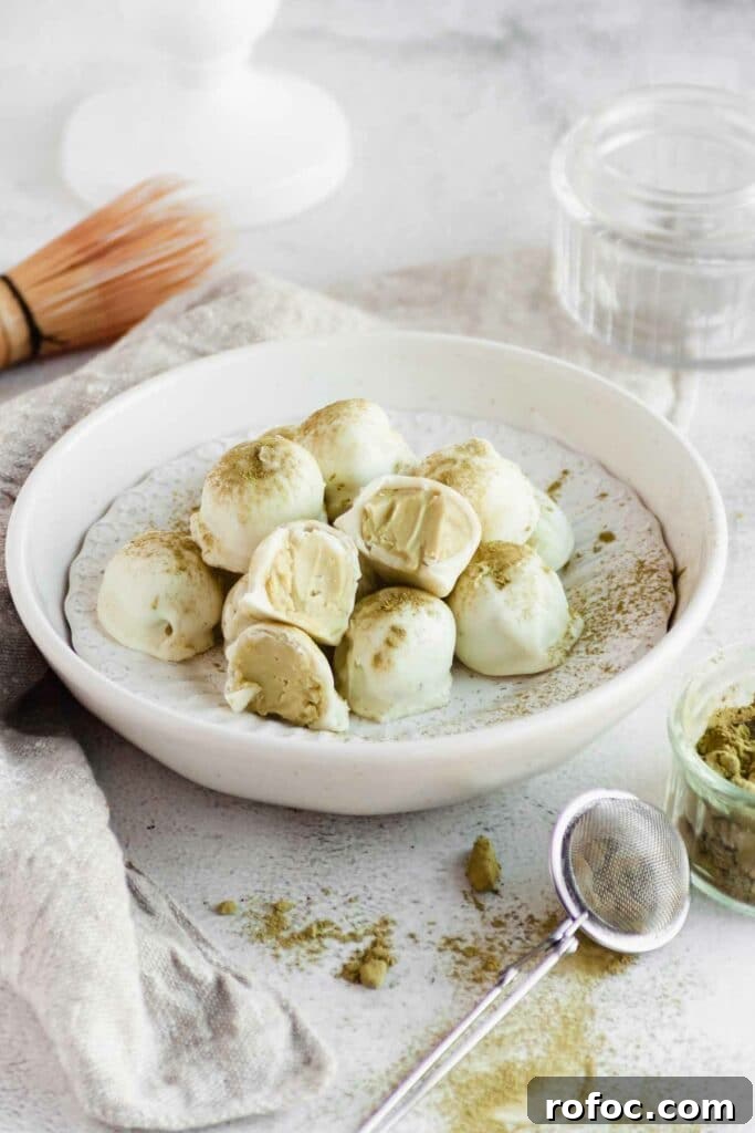 Matcha White Chocolate Ganache Truffles Recipe for Homemade Treats 5 bowl with biitten matcha truffles