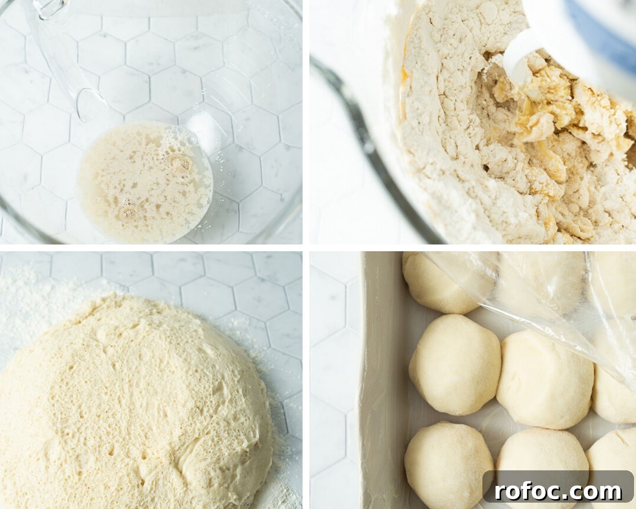 Soft Homemade Dinner Rolls Recipe: Fluffy Yeast Rolls for Any Meal 3 a collage with four photos. a bowl with water and yeast, a mixing bowl with flour and butter, a ball of dough rising, and dinner rolls in a baking sheet with plastic wrap.