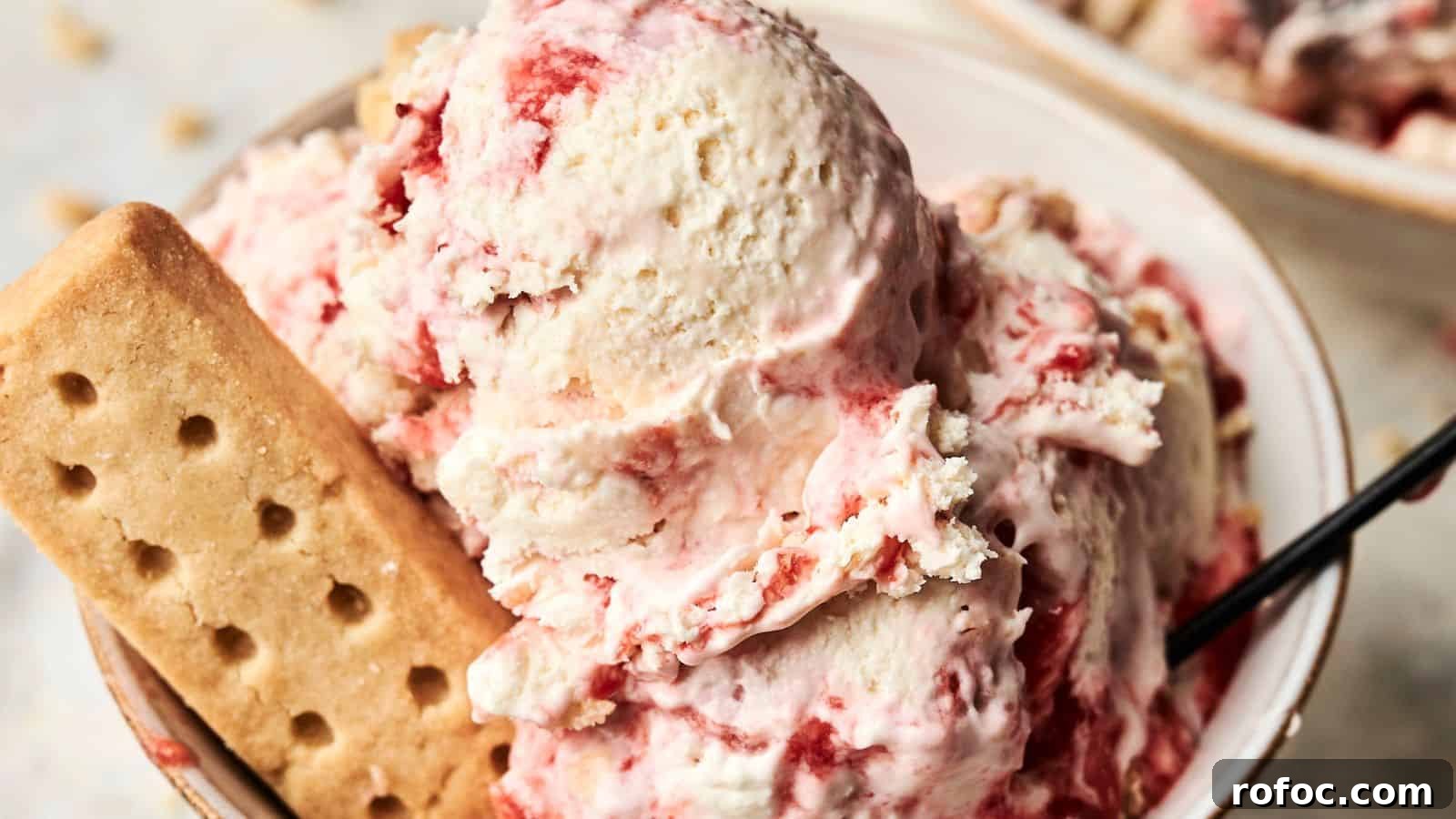 35 Gameday Recipes That Always Crowd-Pleasers Love 11 A bowl of strawberry swirl ice cream topped with a rectangular shortbread biscuit, with a spoon on the side.