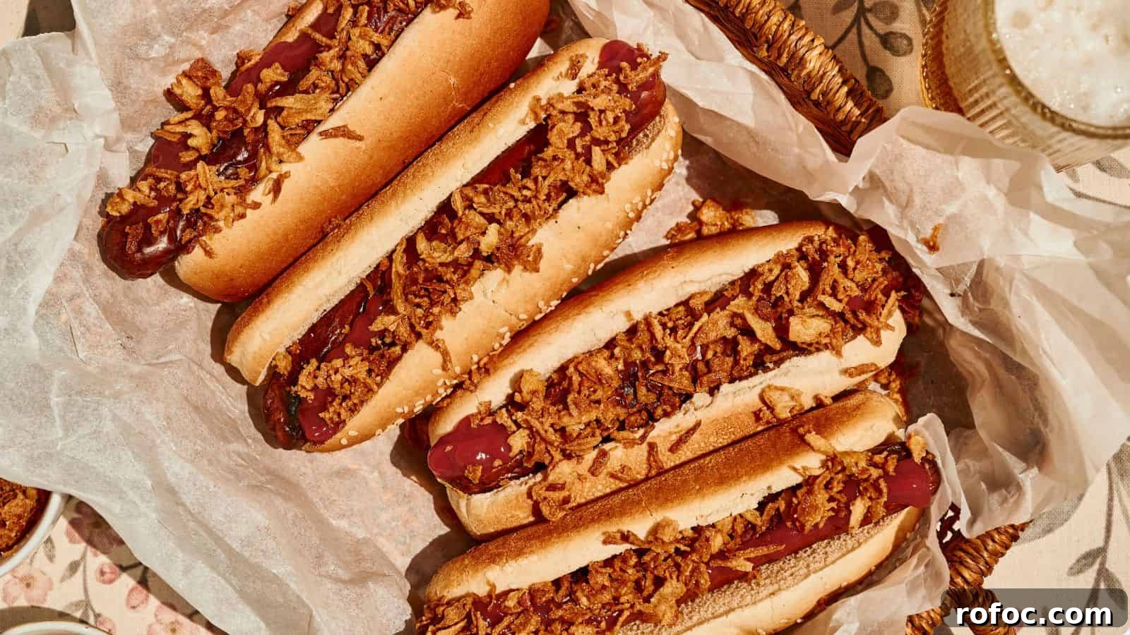 35 Gameday Recipes That Always Crowd-Pleasers Love 12 Four hot dogs in buns topped with crispy fried onions are arranged on parchment paper in a basket.