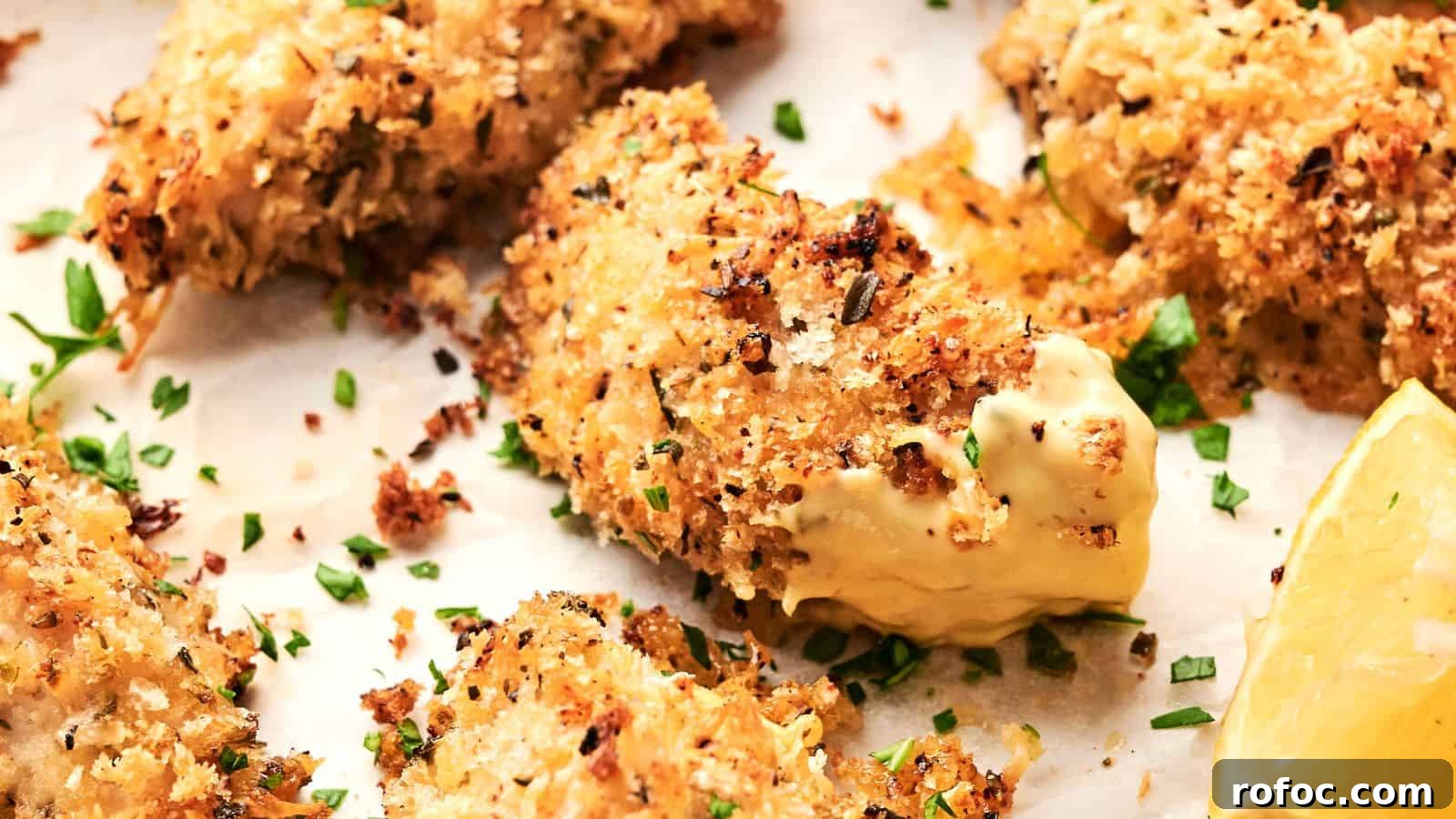 35 Gameday Recipes That Always Crowd-Pleasers Love 13 Close-up of crispy, Sheet Pan Parmesan Crusted Chicken pieces garnished with chopped herbs and served with a lemon wedge. The pieces are placed on a parchment-lined surface.