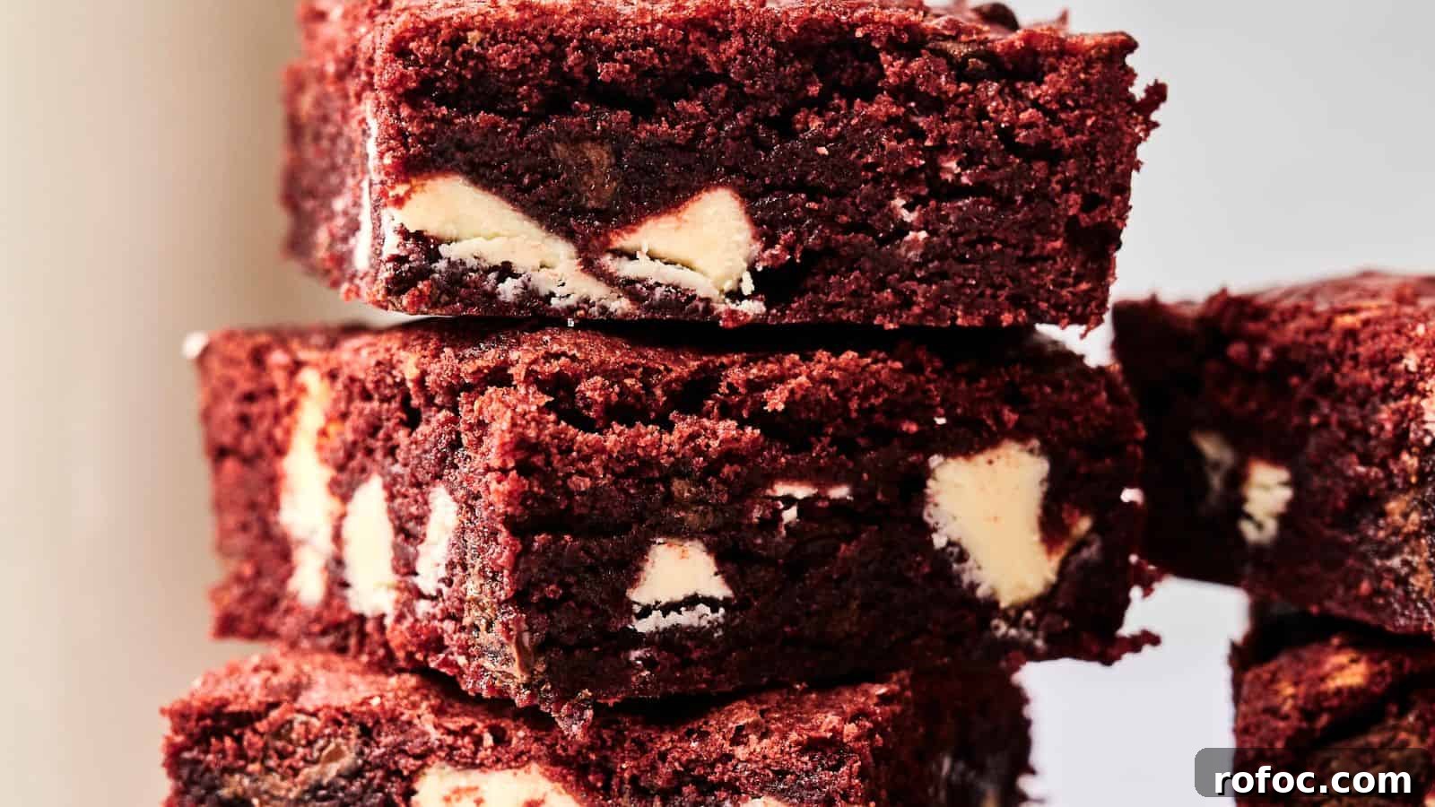 35 Gameday Recipes That Always Crowd-Pleasers Love 14 Stack of four chocolate brownies with visible white chocolate chunks.