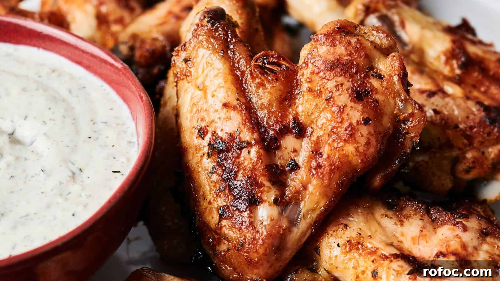35 Gameday Recipes That Always Crowd-Pleasers Love 16 Close-up of grilled chicken wings with a crispy texture, next to a red bowl of creamy dipping sauce.