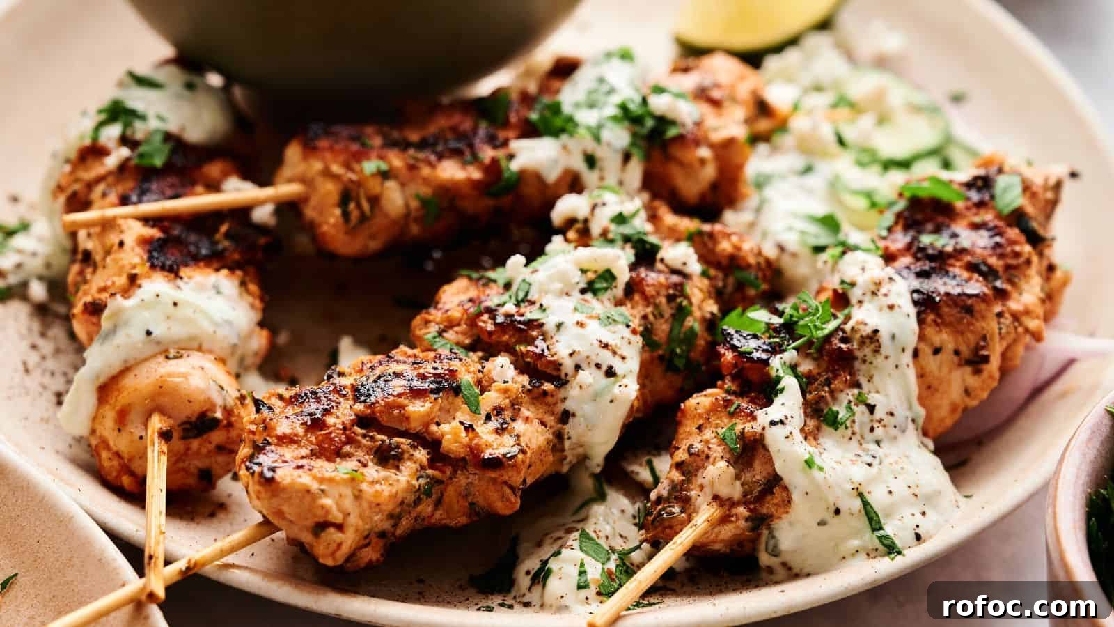 35 Gameday Recipes That Always Crowd-Pleasers Love 18 Grilled chicken skewers topped with a creamy white sauce and chopped herbs, served on a plate with sliced vegetables.
