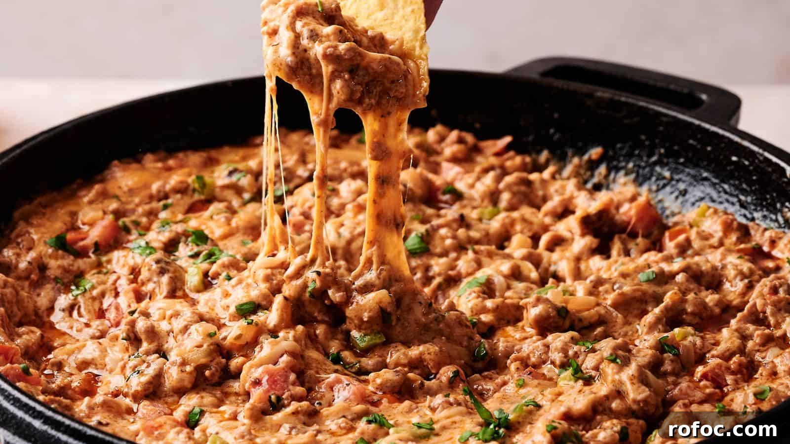 35 Gameday Recipes That Always Crowd-Pleasers Love 20 A tortilla chip is dipped into a skillet of cheesy ground beef and tomato dip, with melted cheese stretching between the chip and the dip.