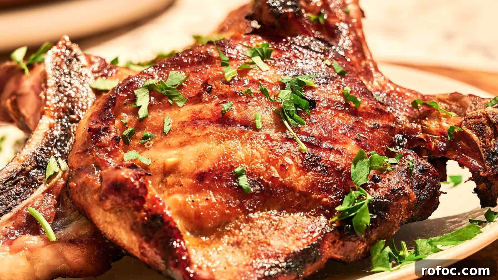 35 Gameday Recipes That Always Crowd-Pleasers Love 3 A grilled pork chop garnished with chopped parsley is served on a plate.