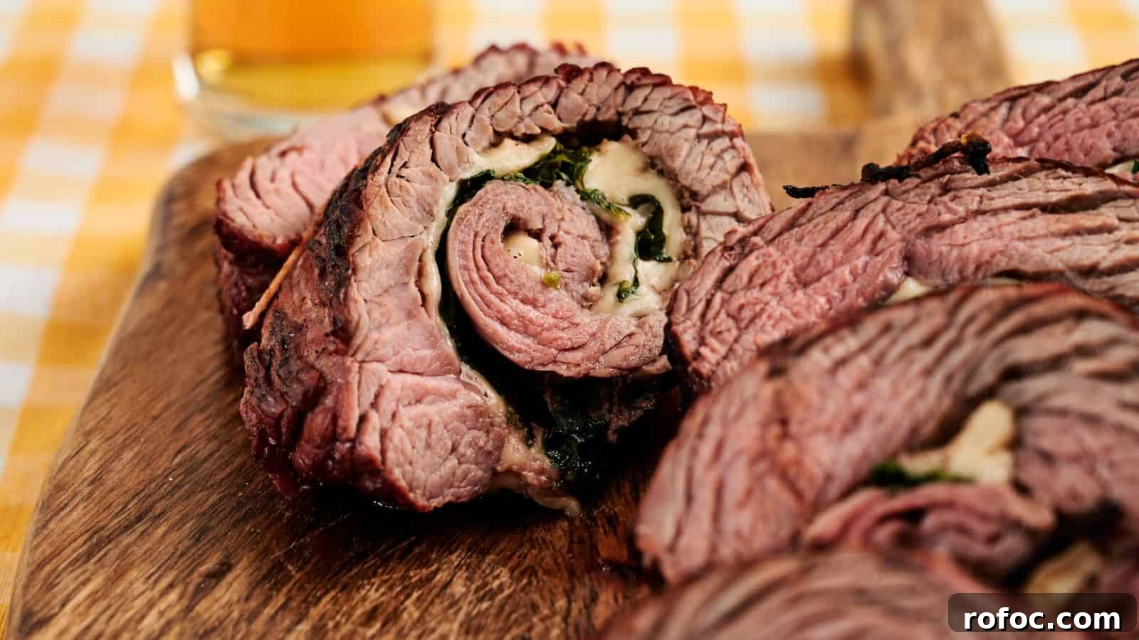 35 Gameday Recipes That Always Crowd-Pleasers Love 23 Close-up of sliced stuffed beef roulade with visible layers of meat, cheese, and spinach on a wooden board. A glass of beer is blurred in the background.