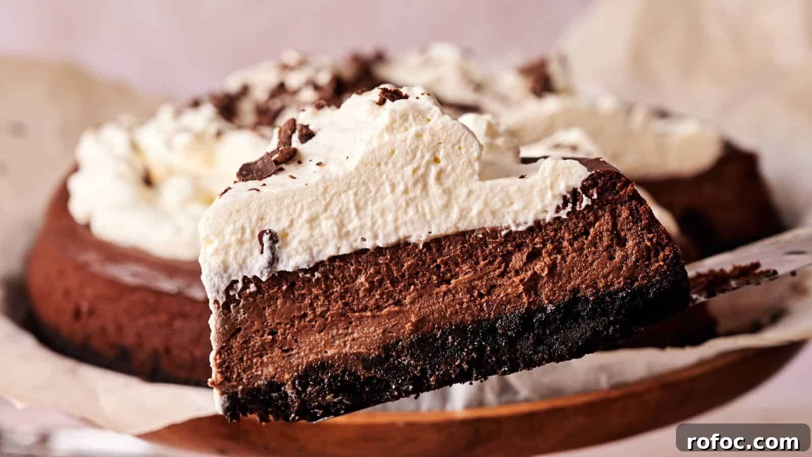 35 Gameday Recipes That Always Crowd-Pleasers Love 24 A slice of chocolate cheesecake with a cookie crust and whipped cream topping is being lifted from the whole cake.