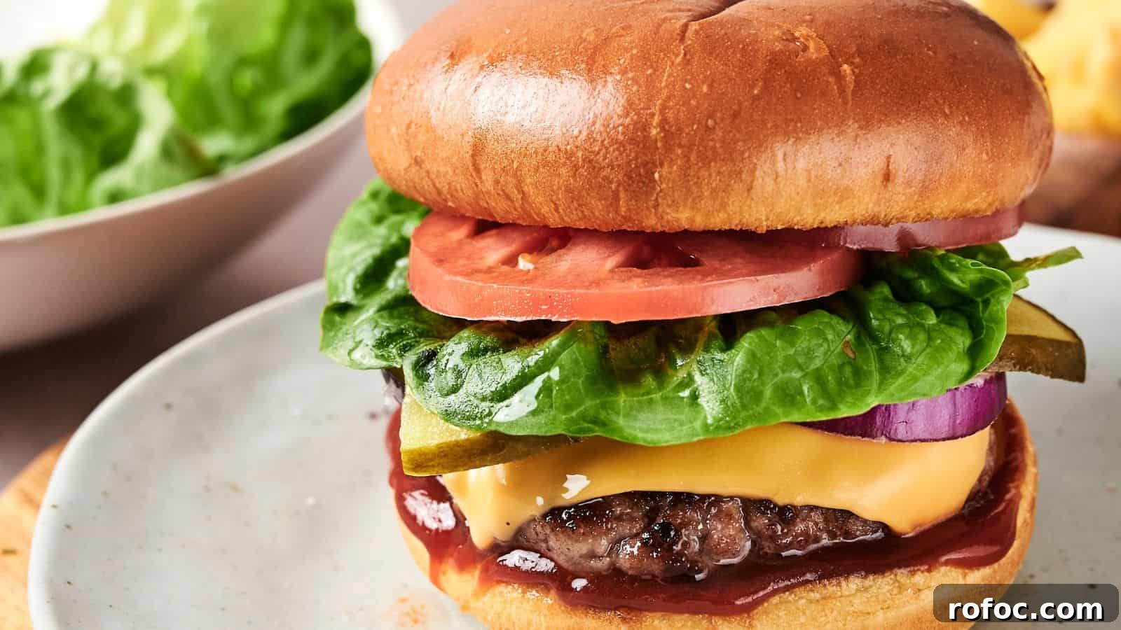 35 Gameday Recipes That Always Crowd-Pleasers Love 26 A cheeseburger with lettuce, tomato, pickles, onion, and ketchup on a plate. A bowl of lettuce is in the background.