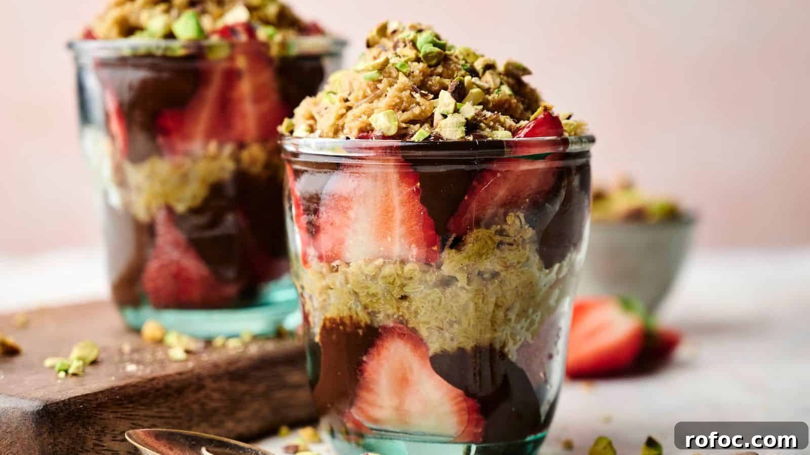 35 Gameday Recipes That Always Crowd-Pleasers Love 28 Two glass cups filled with layers of sliced strawberries, chocolate, granola, and chopped pistachios, with a blurred bowl of nuts in the background.