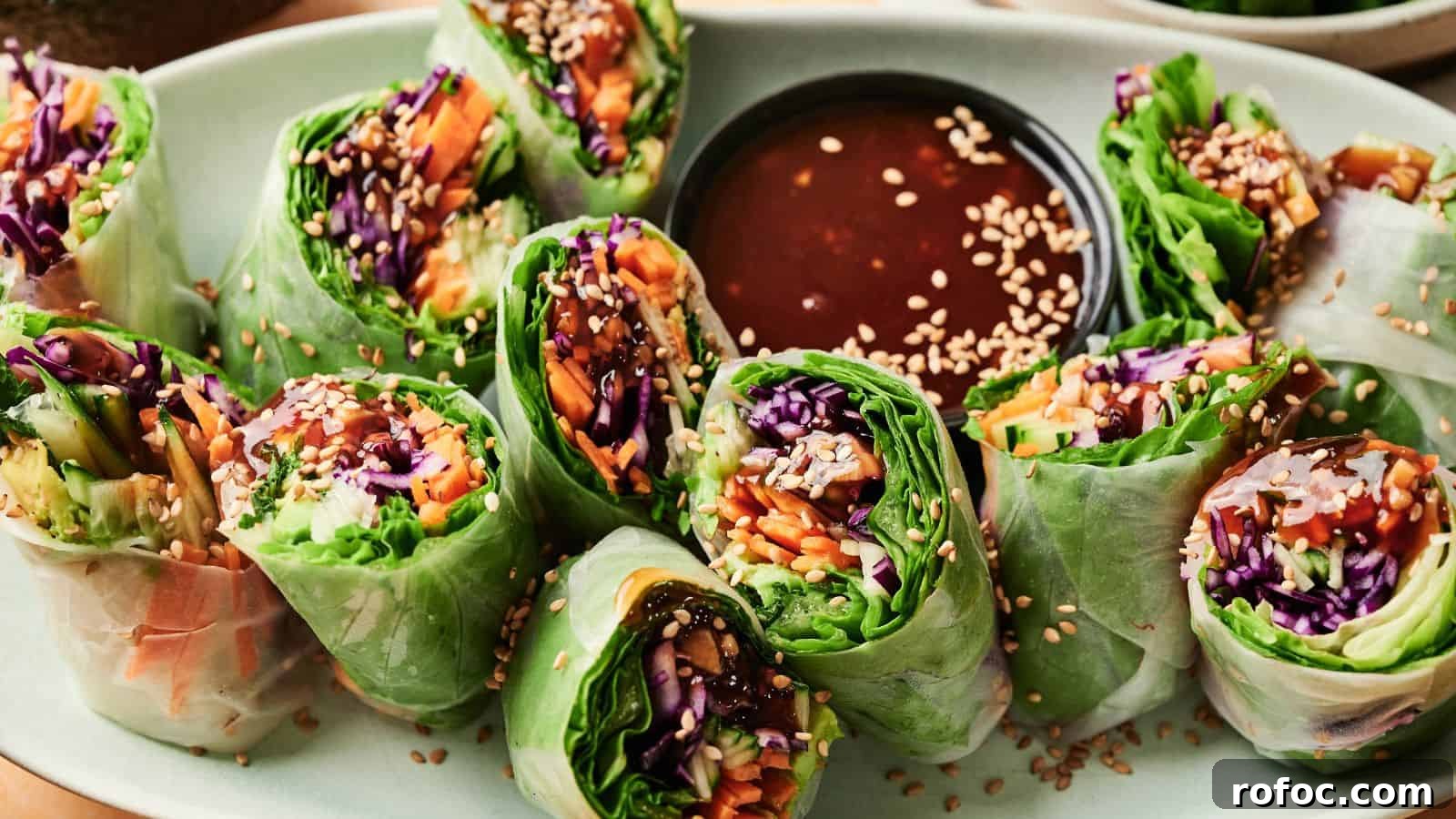 35 Gameday Recipes That Always Crowd-Pleasers Love 29 A plate of fresh vegetable spring rolls sliced in half, arranged around a dish of dipping sauce and sprinkled with sesame seeds.