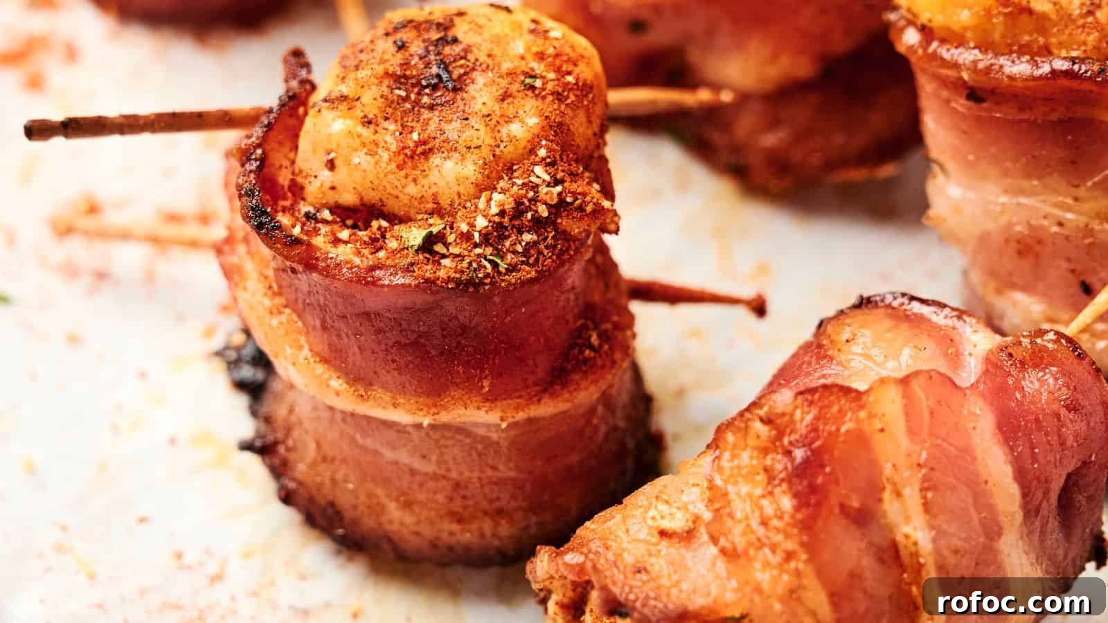 35 Gameday Recipes That Always Crowd-Pleasers Love 6 Close-up of bacon-wrapped scallops secured with toothpicks, seasoned with spices, and cooked until golden and crispy.