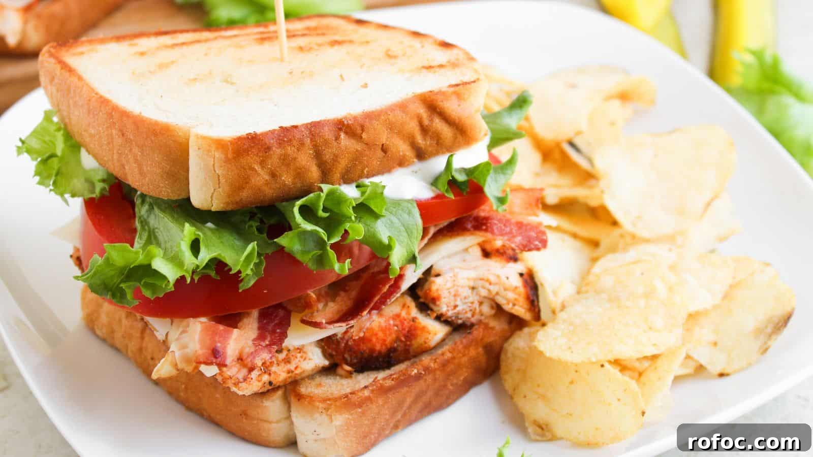 35 Gameday Recipes That Always Crowd-Pleasers Love 7 A grilled chicken sandwich with lettuce, tomato, bacon, and mayonnaise on toasted bread, served with potato chips on a white plate.