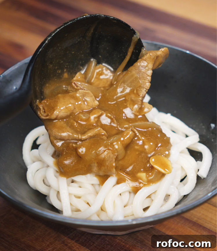 Savory Beef Curry Udon Recipe for Comforting Weeknight Meals 9 A ladle pours thick Japanese curry sauce with beef and onions over a bowl of chewy udon noodles.