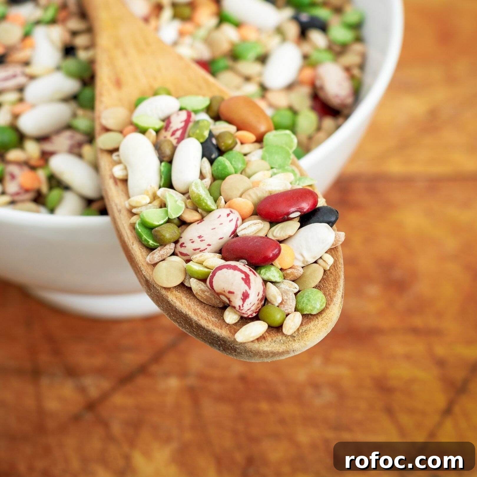 Homemade Bean Soup Mix in a Jar: DIY Kitchen Gift Guide 3 Mixed beans on a wooden spoon