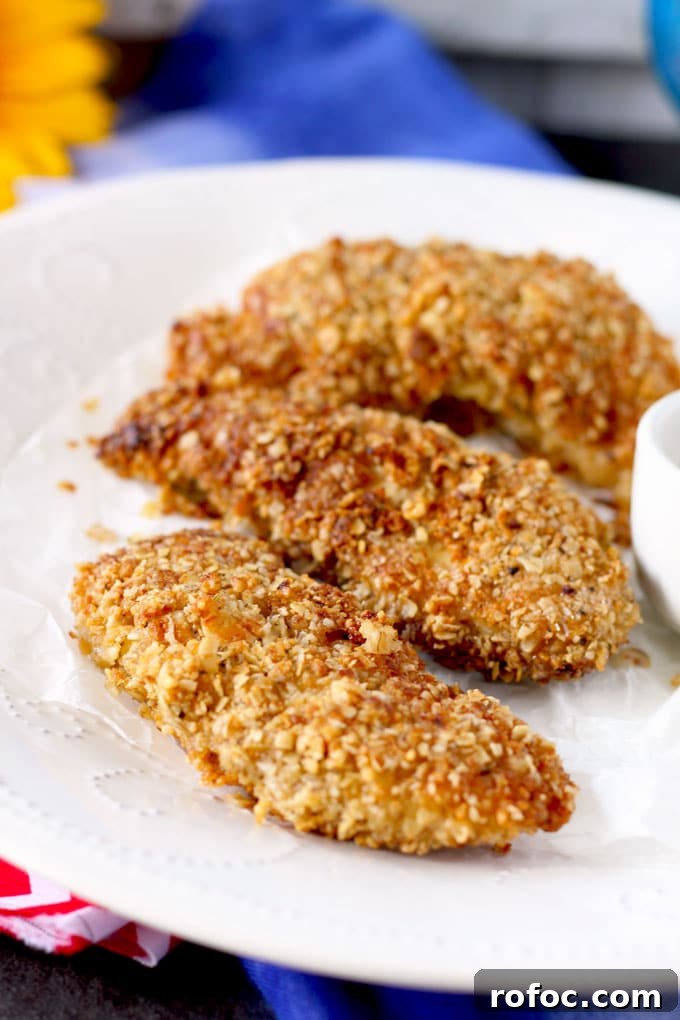 Crispy Macadamia-Crusted Chicken Tenders with Honey Lime Dip 2 Close-up shot of three Macadamia Nut Crusted Chicken Tenders