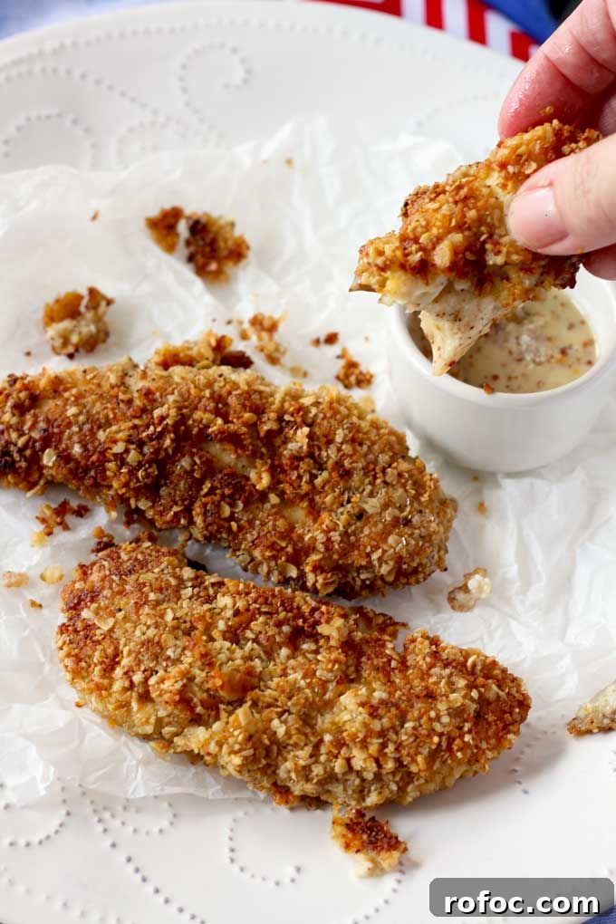 Crispy Macadamia-Crusted Chicken Tenders with Honey Lime Dip 6 Close-up shot of three Macadamia Nut Crusted Chicken Tenders. One is been dipped in honey mustard