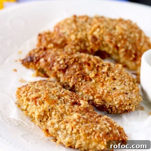 Crispy Macadamia-Crusted Chicken Tenders with Honey Lime Dip 8 This Crunchy Macadamia Nut Crusted Chicken Tenders are coated in a delicious savory crust made from oats, macadamia nuts, Parmesan cheese and spices! So delicious it will become a family favorite!