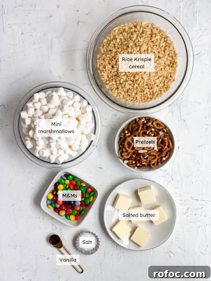 M&M Rice Krispie Treats Recipe: Chewy, Chocolate-Packed Squares 4 All the ingredients needed to make m&m Rice Krispie treats.
