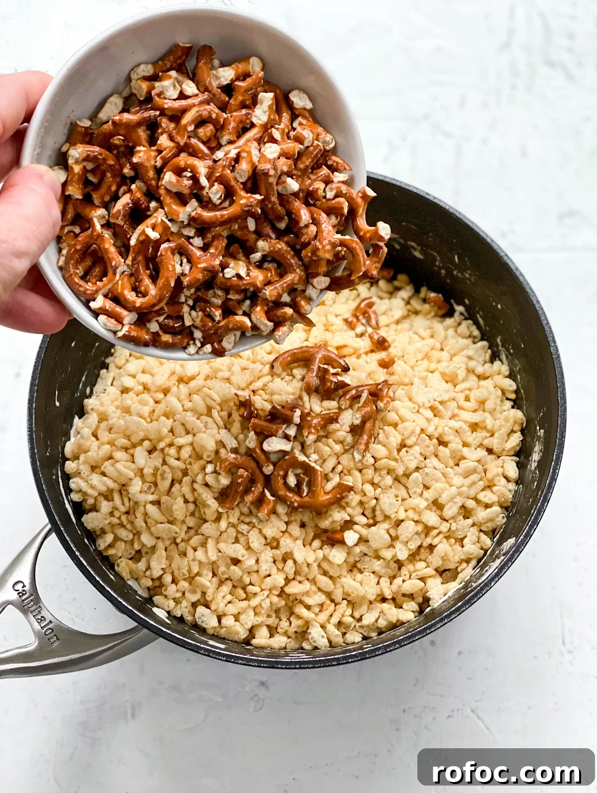 M&M Rice Krispie Treats Recipe: Chewy, Chocolate-Packed Squares 9 adding pretzels