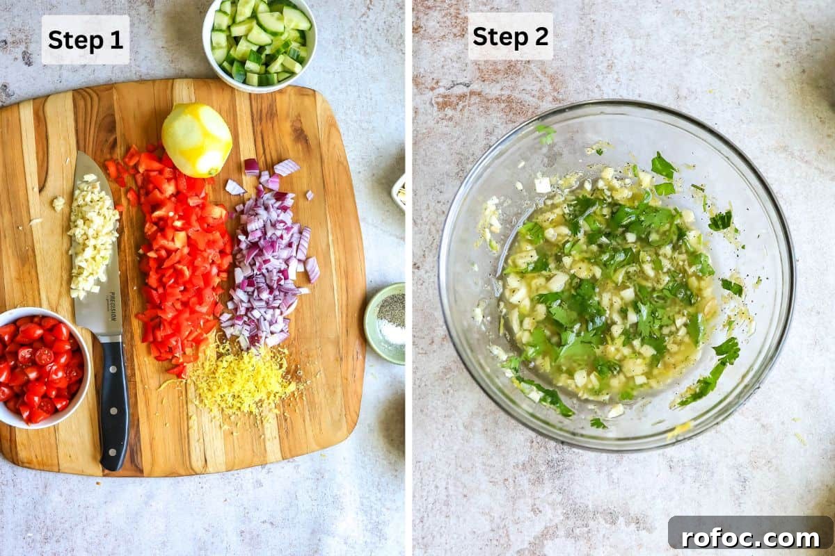 Lemon Honey Orzo with Feta and Fresh Herbs 4 Cutting board with chopped veggies on it and lemon zest and a glass bowl with dressing in it.