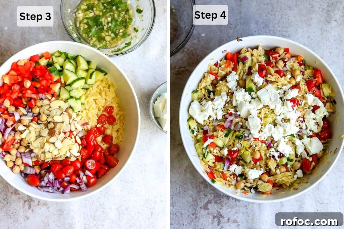 Lemon Honey Orzo with Feta and Fresh Herbs 5 Large white ceramic bowl with ingredients in it and mixed together.
