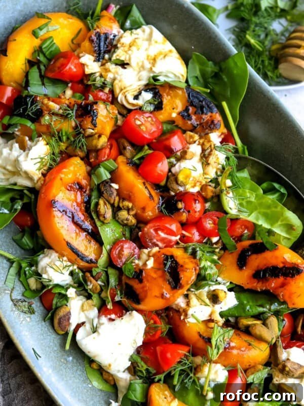 Lemon Honey Orzo with Feta and Fresh Herbs 7 Grilled peach burrata salad on greens in a serving platter.