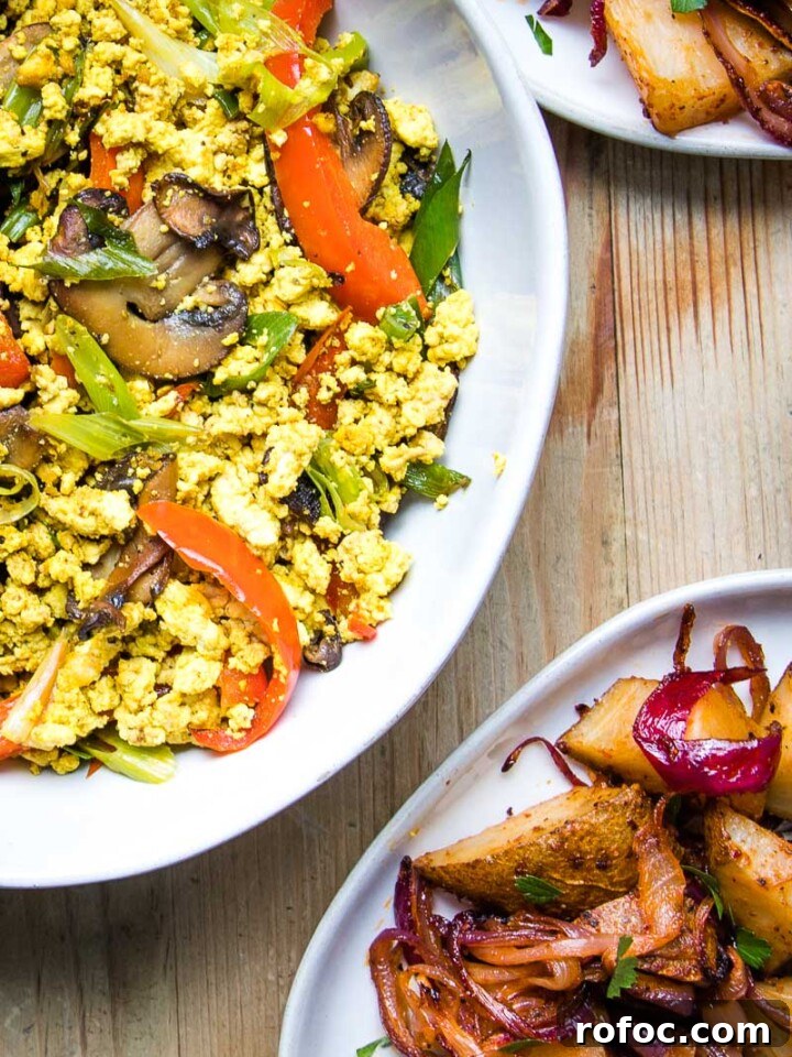 Vegan scramble close up with mushrooms and peppers.
