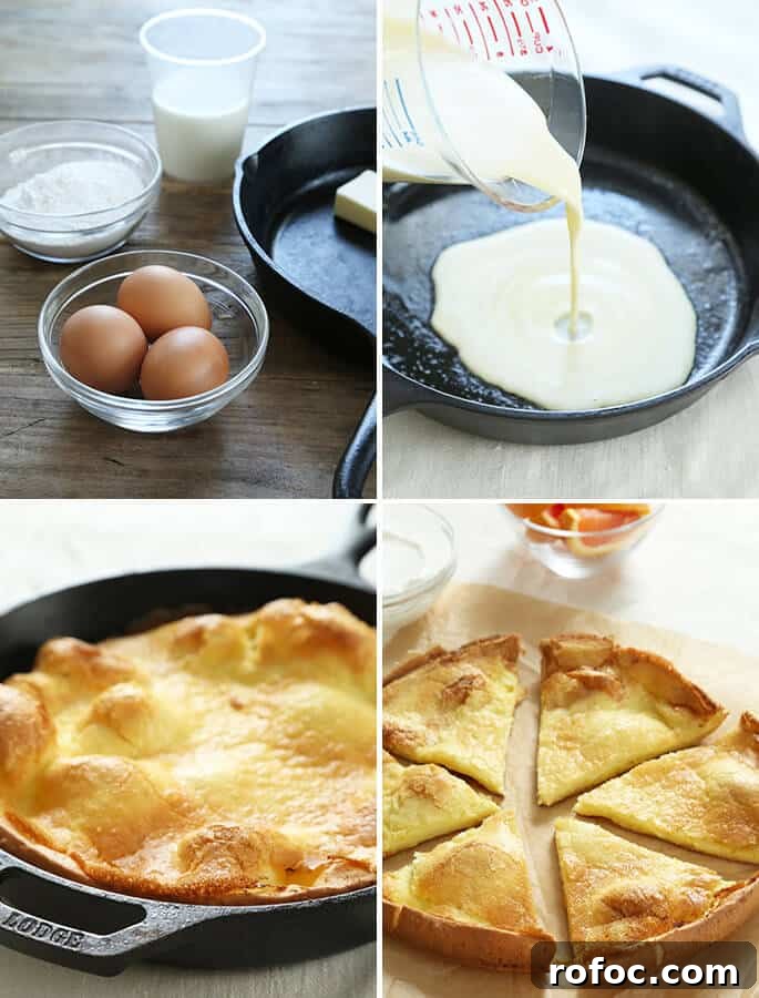 Gluten-Free Dutch Baby Pancake Recipe for Fluffy Morning Brunch 3 Bowl of eggs, batter poured into pan, large gluten free dutch baby on pan and counter