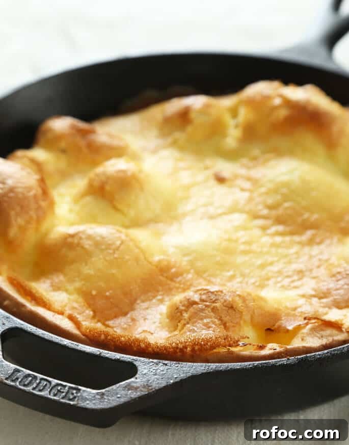 Gluten-Free Dutch Baby Pancake Recipe for Fluffy Morning Brunch 4 Close up of large pancake style pastry in a black pan