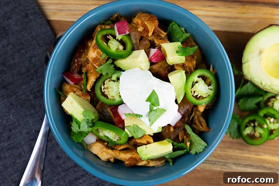 Gluten-Free Chicken Fajita Stew Recipe for Flavorful Weeknights 6 Chicken fajita stew topped with jalapeños, avocado, cilantro and chopped radish in a blue bowl