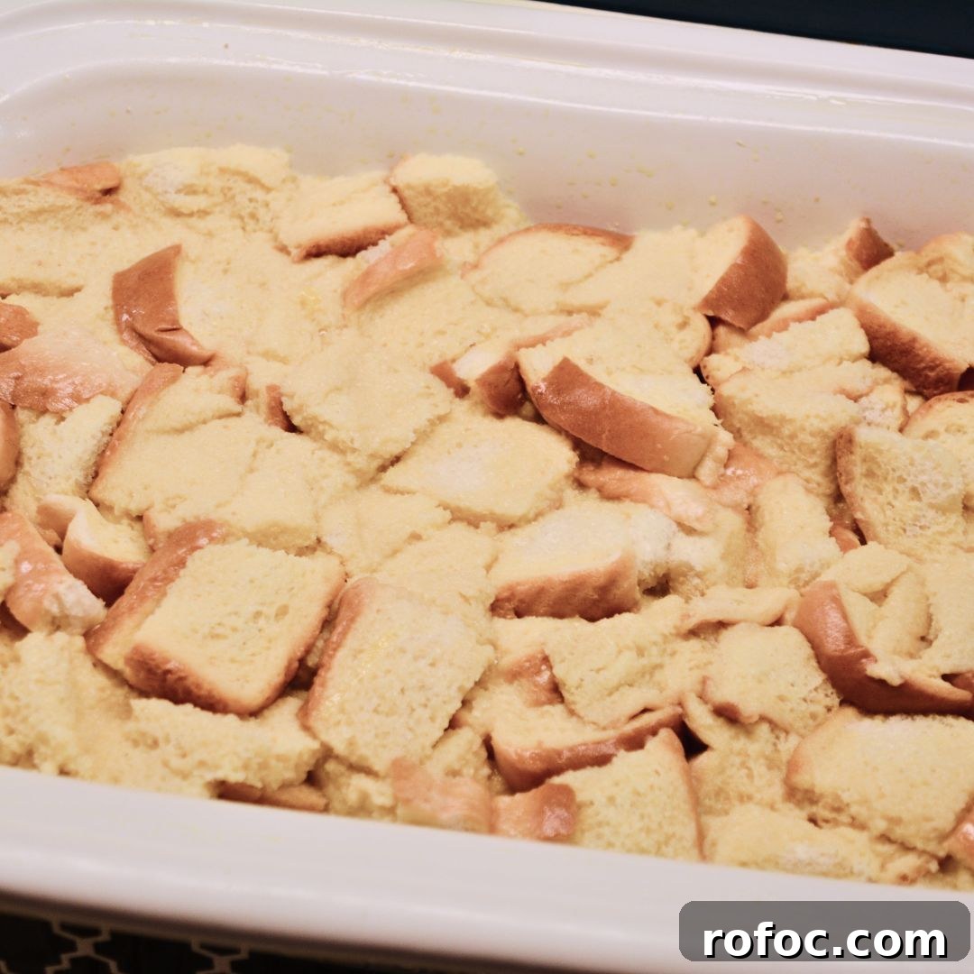 Overnight Baked French Toast Casserole with Maple Glaze 5 Evenly pour the egg mixture over the bread cubes. Press gently to make sure all bread is soaked. Drizzle melted butter on top. Refrigerate overnight.