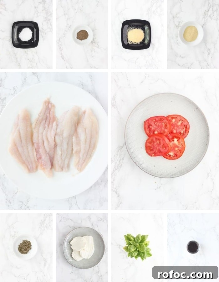 Caprese-Style Baked Catfish Fillets with Tomato and Mozzarella 4 caprese baked catfish fillet ingredients including salt, pepper, garlic powder, onion powder, four catfish fillets, sliced tomatoes, Italian seasoning, mozzarella cheese basil and balsamic vinegar