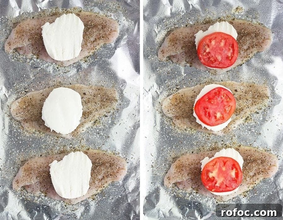 Caprese-Style Baked Catfish Fillets with Tomato and Mozzarella 6 layering mozzarella cheese and sliced tomato on top of seasoned catfish fillets