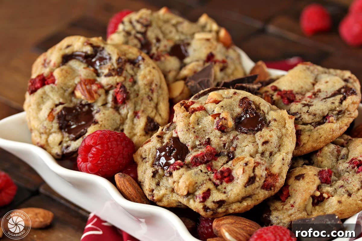 Raspberry Almond Chocolate Chunk Cookies - soft almond-flavored cookies with tangy dried raspberries and chocolate chunks. Raspberry Almond Chocolate Chunk Cookies - A shot of the cookies displayed in a platter. | From SugarHero.com