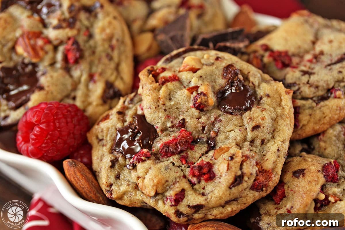Raspberry Almond Chocolate Chunk Cookies - soft almond-flavored cookies with tangy dried raspberries and chocolate chunks. Raspberry Almond Chocolate Chunk Cookies - Straight shot of cookies displayed with almonds, and raspberries. | From SugarHero.com